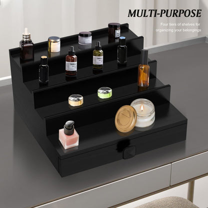 Cologne Organizer for Men, 4 Tier Black Wood Perfume Organizer with Felt Lini...