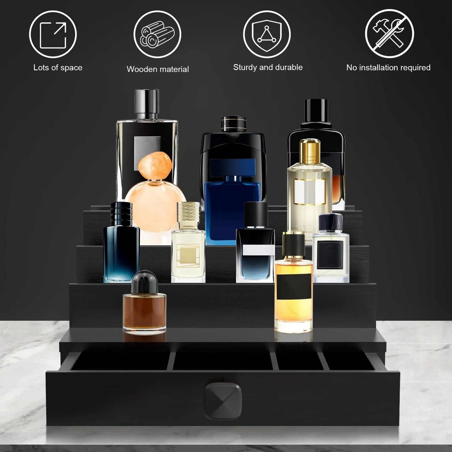 Cologne Organizer for Men, 4 Tier Black Wood Perfume Organizer with Felt Lini...