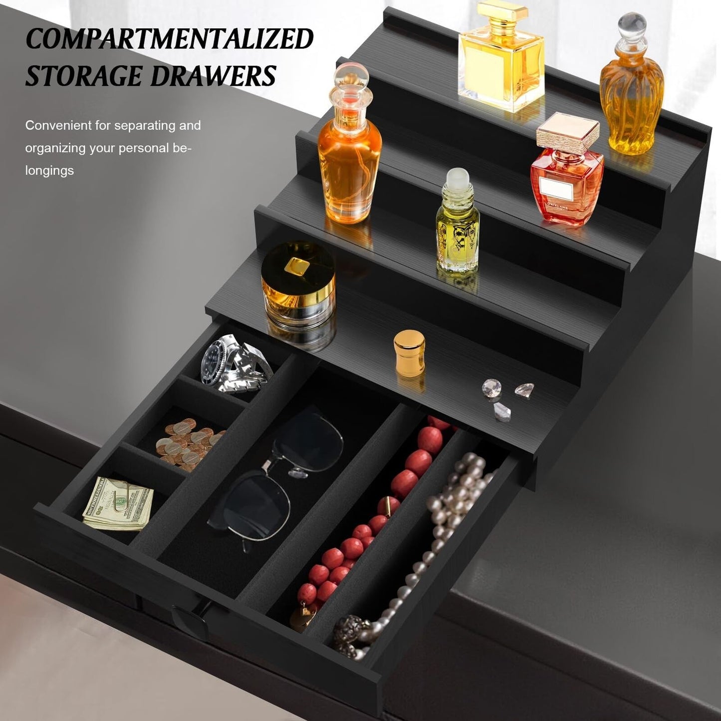 Cologne Organizer for Men, 4 Tier Black Wood Perfume Organizer with Felt Lini...